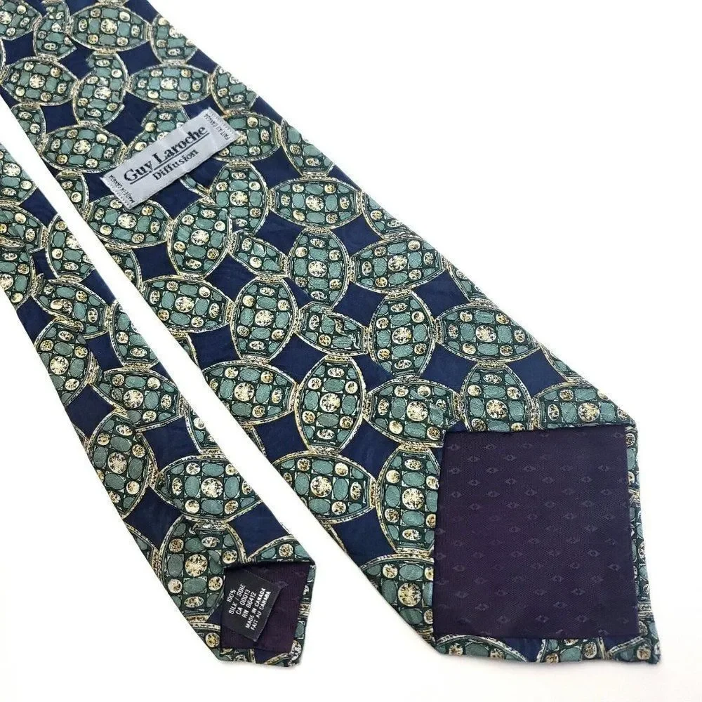 Guy Laroche Green Blue Abstract Geometric Print‎ Short Wide Silk Tie